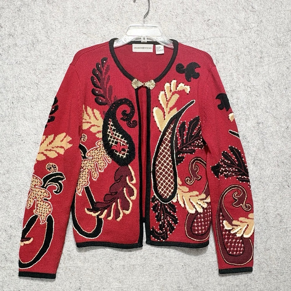 Sharon Young L Ramie Cotton Sweater Cardigan Paisley Beaded Artsy Boho Vintage